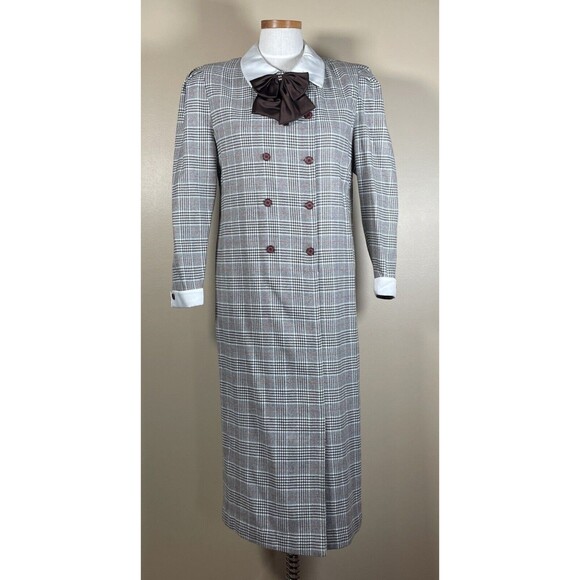 Vintage 80s  Plaid Dress Double Breasted Big Bow Contrast Collar C-38.5" Midi - Picture 2 of 16
